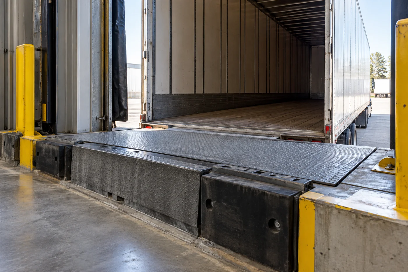 AI-generated illustrative architectural view of a trailer aligned with a warehouse loading dock.