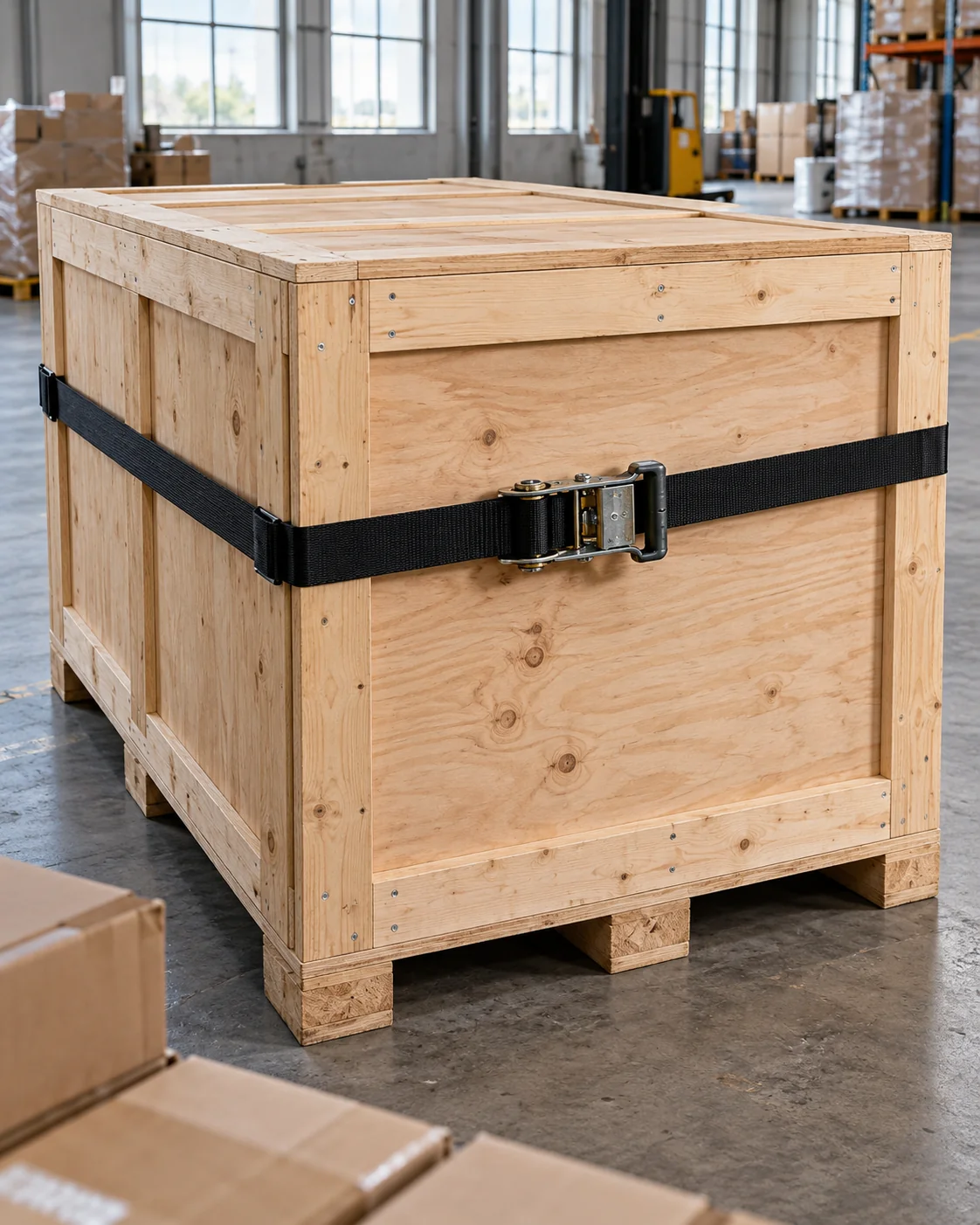 AI-generated illustrative close-up of a wooden shipping crate and secured freight in a warehouse.