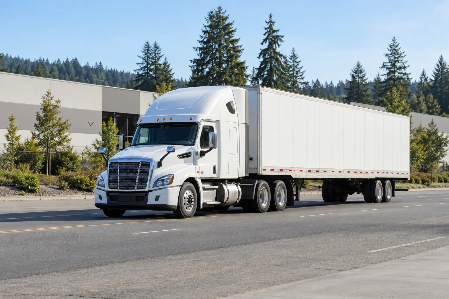 AI-generated illustrative photograph of a white semi-truck on a tree-lined industrial road.